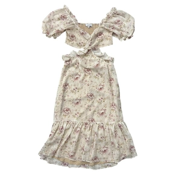 En Saison Floral Chiffon Cutout Midi Dress‎ Blush Pink Size M Ruffle Romantic - Picture 1 of 8